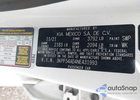 2022 Kia Forte Gt-Line z USA, uszkodzony, nr VIN 3KPF54AD4NE431993